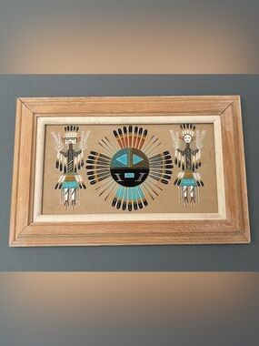 Vintage Signed Navajo Turquoise and Black Desert Sun Wall Art - Home Wall Decor